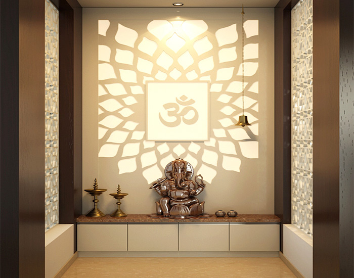 Backlit pooja room mandir with carved panel
