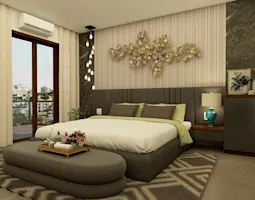 Elegant bedroom interior from the best interior designers in Udupi, featuring a plush bed, warm lighting, and stylish décor
