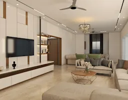 Modern living room interior with cozy sofas and a sleek TV unit, designed with elegance by top interior designers in Udupi