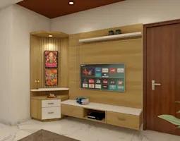 Serene pooja room in Udupi home design with elegant woodwork and a peaceful ambiance, perfect for meditation and rituals